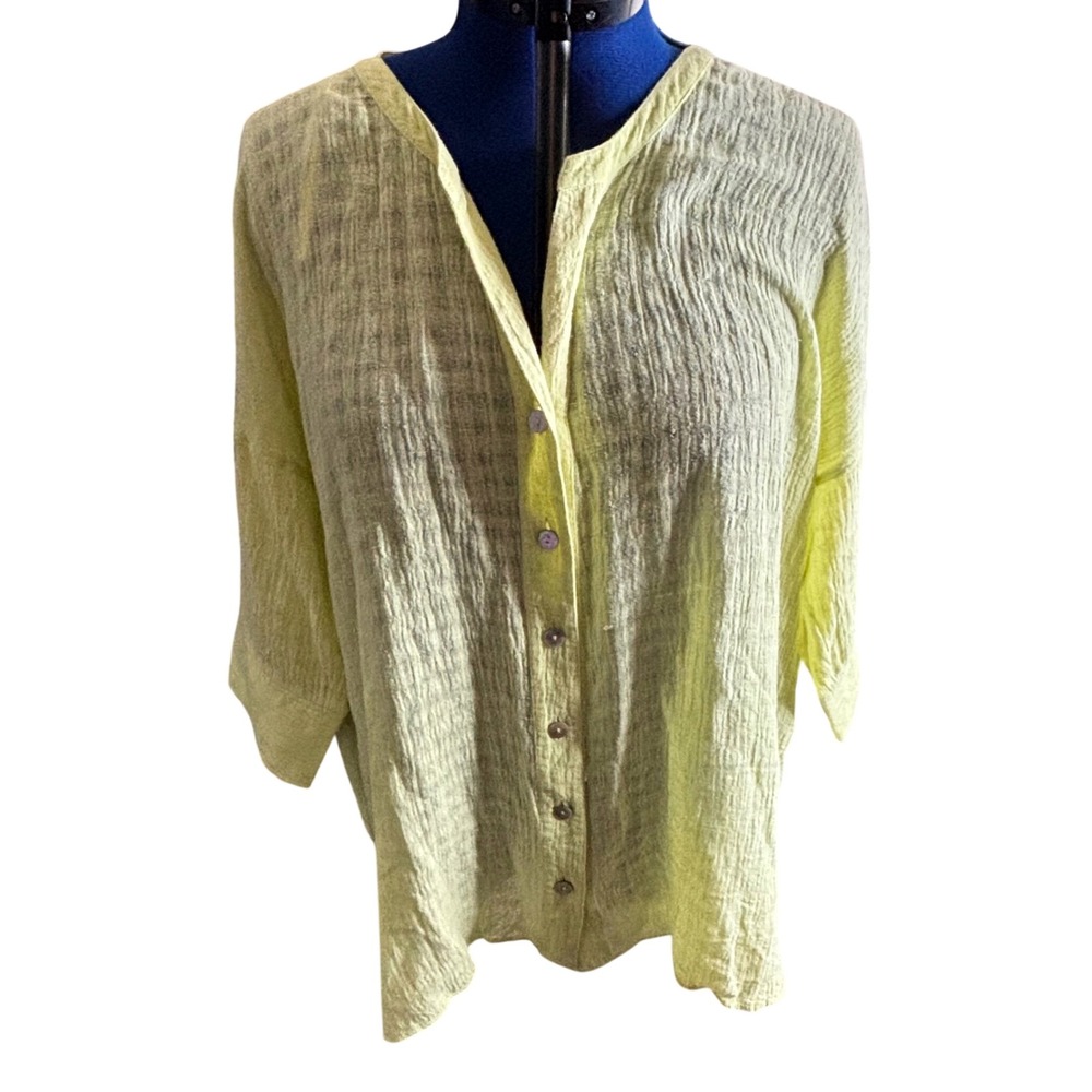 Soft Surroundings Blouse 1X Lime Green Linen Cotton Gauze Button Front Top 55433 - Picture 3 of 10